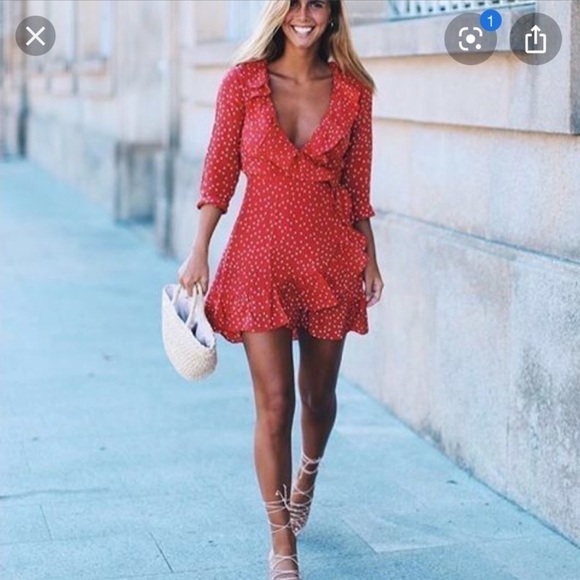 REALISATION PAR Red Alexandra Star Print Ruffle Long Sleeve Wrap Mini Dr… - Picture 9 of 14